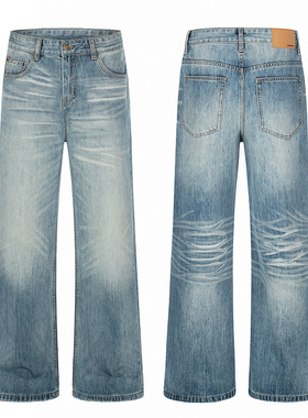 美式复古水洗做旧猫须cleanfit宽松直筒牛仔裤男女阔腿裤蓝色长裤