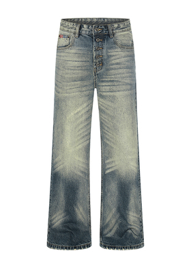 美式复古做旧五排扣直筒牛仔裤男女宽松cleanfit痞帅休闲阔腿裤子