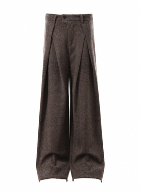 老钱风立体打褶A字毛呢人字纹阔腿西裤男高级感松弛感休闲长裤子