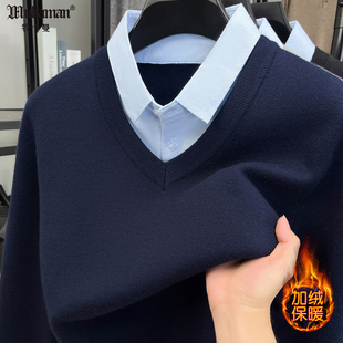 男士加绒保暖衬衫领针织衫假两件衬衣冬季低V领加厚款毛衣打底衫