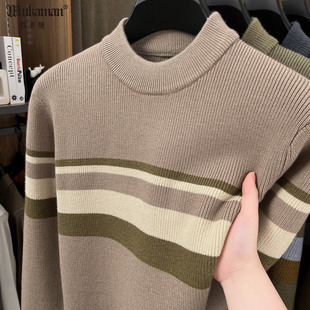 宽松休闲打底衫 2025秋季 针织毛衣中青年男士 新款 圆领条纹提花长袖