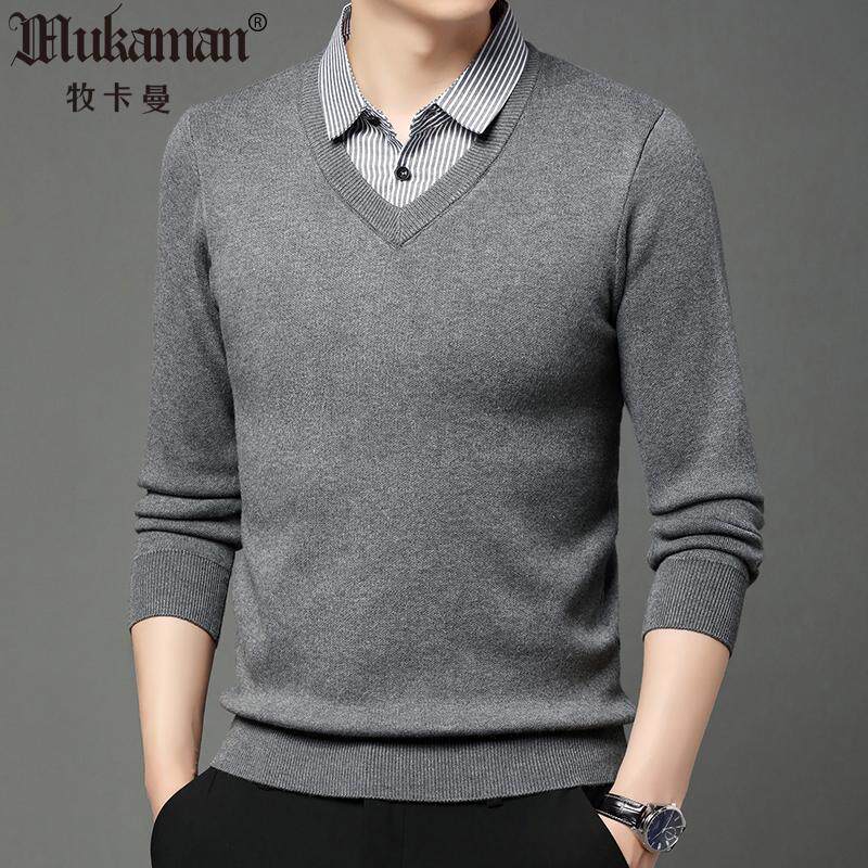 男士针织毛衣假两件衬衫领V领韩版休闲轻商务打底衫可外穿春秋装