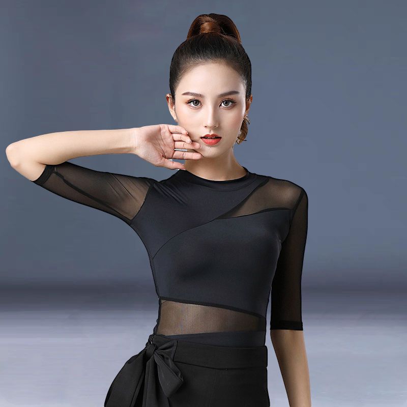 新款拉丁舞成人女新款性感网纱舞蹈服国际交谊舞圆领上衣中袖摩登服装