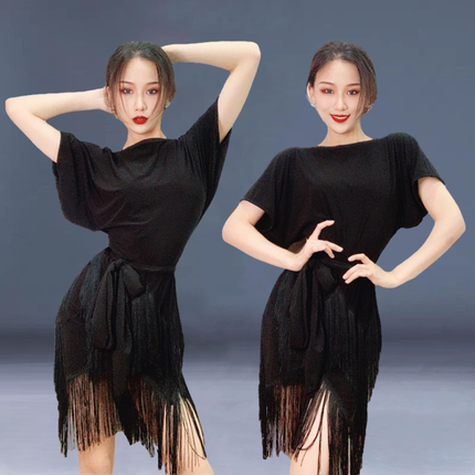 拉丁舞服装女成人修身显瘦宽松短袖练功服高档连衣流苏短裙舞蹈服