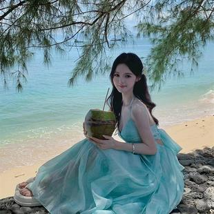 薄荷曼波海邊度假氛圍感沙灘裙設計感掛脖連衣裙仙女氣質大擺裙子