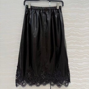 定位刺绣水溶花边拼接进口小羊皮真皮松紧高腰A字版型长半身裙