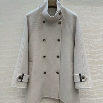 复古金属双排扣立领毛呢外套大衣