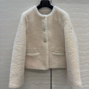 小法皮皮毛一体后背拼接国标进口90白鹅绒圆领H版型大衣羽绒服女