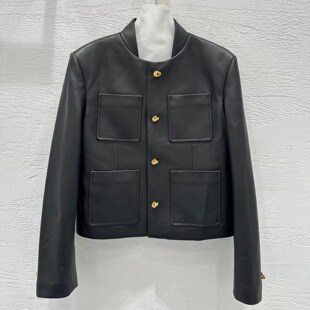 韩版新款复古摩登时髦进口小羊皮立领高腰短款夹克皮衣小外套女