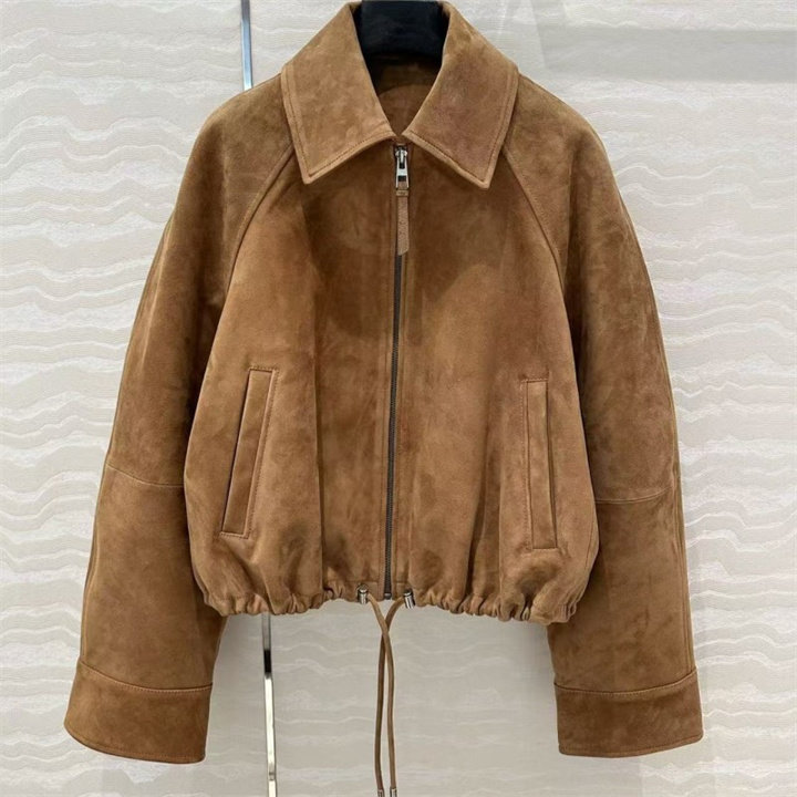 百搭复古慵懒风麂皮绒小羊皮下摆皮条抽绳宽松随性夹克皮衣外套女,女装/女士精品,短外套,淘宝优惠券,粉丝福利购,淘宝优惠卷