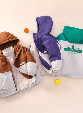 110-160码DSN儿童防风衣秋冬季男女童连帽夹棉冲锋衣外套