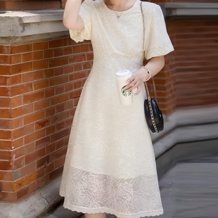 连衣裙女夏季 夏款 优雅圆领泡泡袖 德M家法式 收腰气质减龄A字裙 清