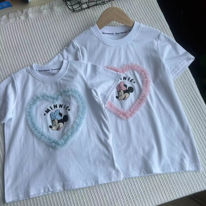 110-160码迪儿童短袖女童夏季可爱网纱爱心卡通印花短袖T恤