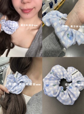 美少女壮士原创 独家进口浅蓝色格子印花全棉大肠发圈高级感发绳