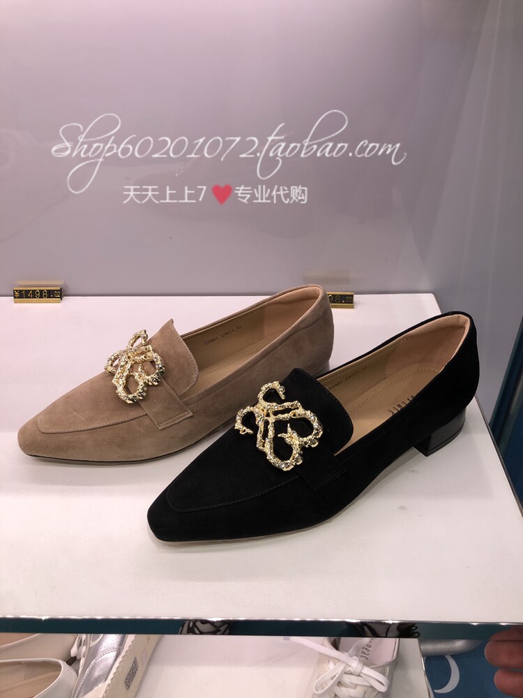 真美诗2024春季女鞋简约老钱风羊绒皮粗跟乐福鞋皮鞋女单鞋 33901