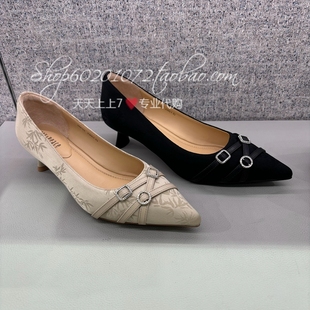 JoyPeace真美诗2024秋季女鞋中式尖头竹叶缎面优雅猫跟单鞋 26F03