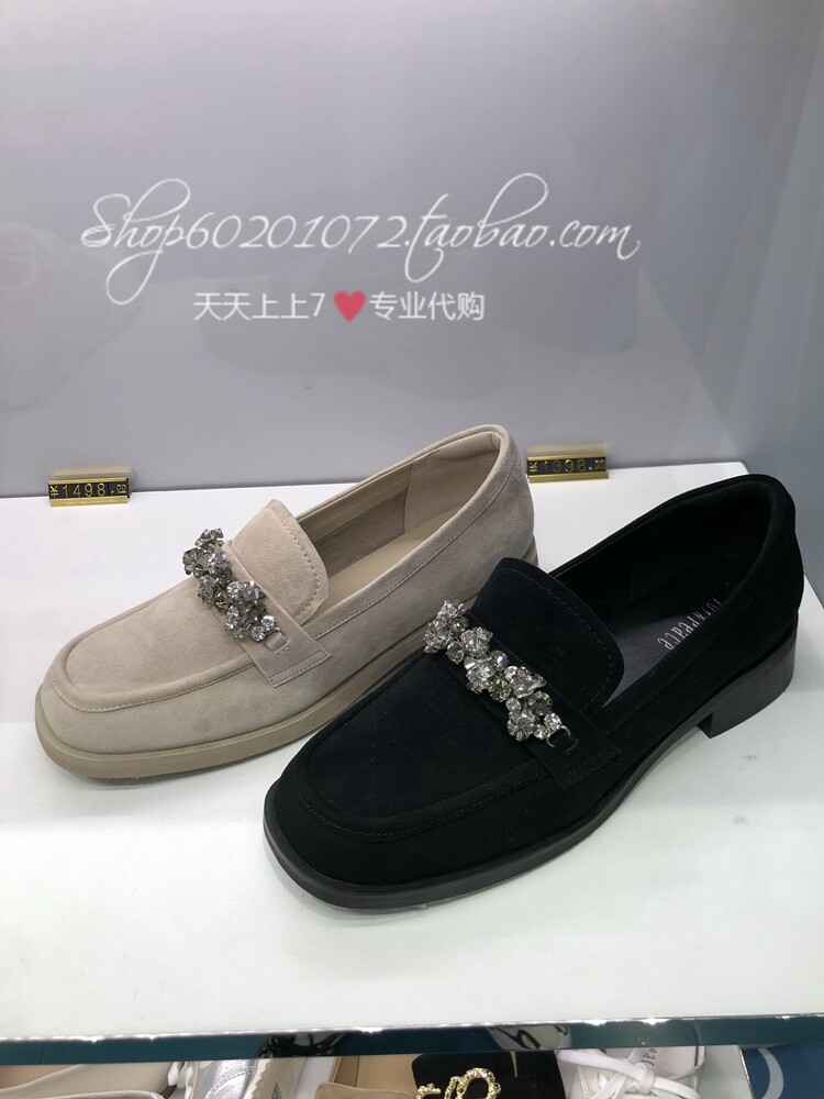 真美诗丝绒拿铁2024春季女鞋复古磨砂羊皮水钻乐福鞋女单鞋 10817