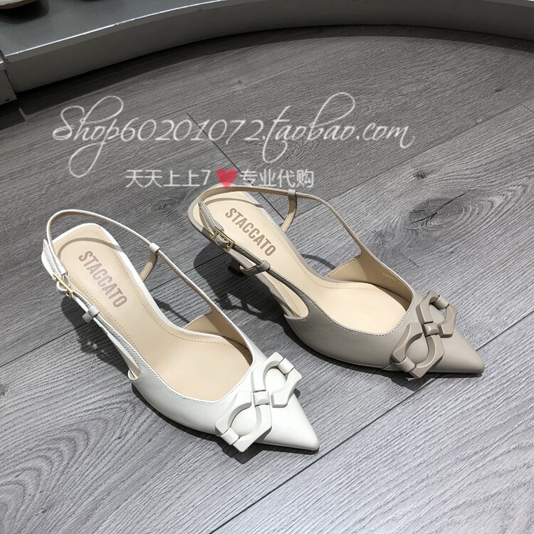 思加图2023春季女鞋音符鞋奶油鞋优雅尖头细高跟蝴蝶结凉鞋ed345