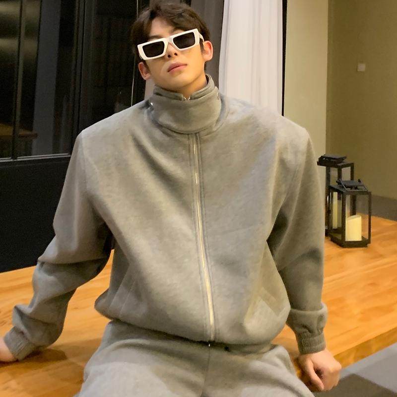 小众立领设计感运动休闲套装男宽松潮牌垫肩夹克外套阔腿拖地长裤,男装,休闲运动套装,淘宝优惠券,粉丝福利购,淘宝优惠卷