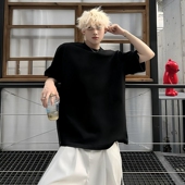 T恤 高级感潮牌痞帅宽松小领口半袖 cleanfit纯黑色垫肩短袖 男夏季