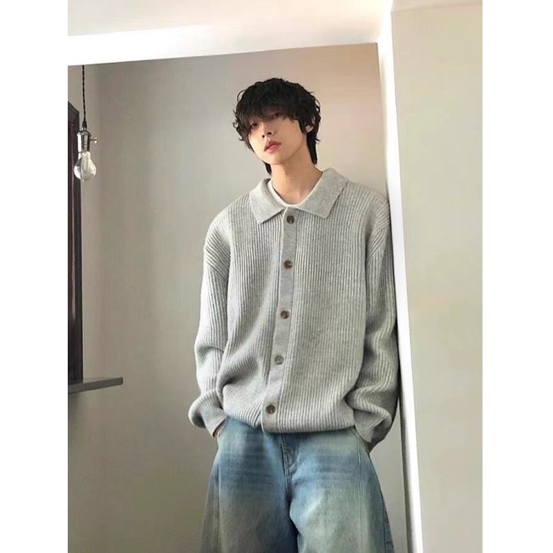 灰色慵懒风翻领针织开衫毛衣男