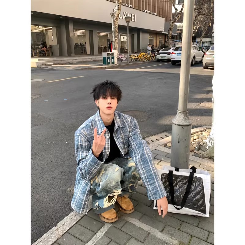 美式复古蓝色格子衬衫男潮牌