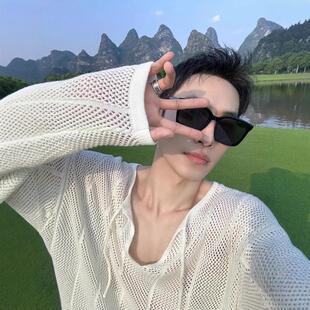 白色镂空设计感V领针织衫外套男高级感韩版潮牌慵懒风毛衣长袖T恤