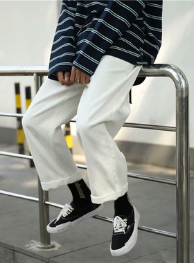 纯白色直筒牛仔裤超火cec裤子男韩版宽松ins港风阔腿坠感工装长裤