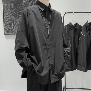 工装衬衫男士韩版宽松网红长袖纯色衬衣暗黑系冷淡风潮流寸衫上衣