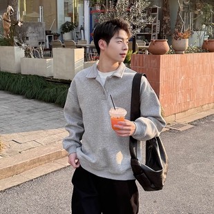 高级感翻领灰色卫衣男春秋季宽松百搭休闲POLO衫套头上衣简约长袖