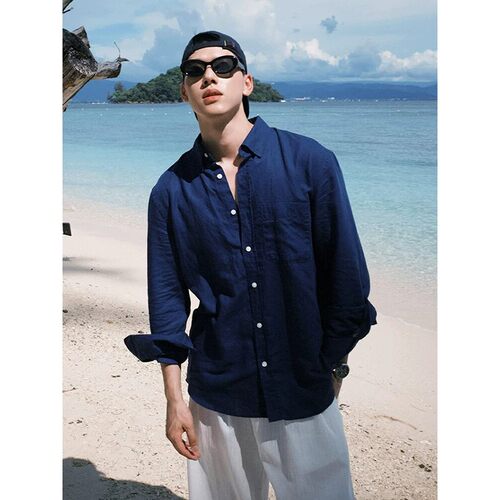 藏青色亚麻长袖衬衫男夏季薄款