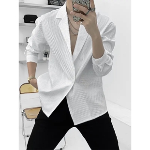 领衬衣 男宽松潮牌痞帅设计感质感西装 高级感华夫格古巴领长袖 衬衫