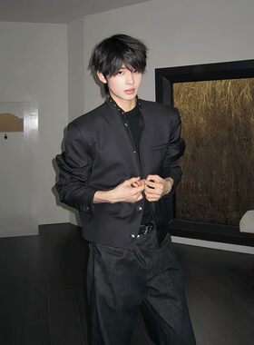 小众解构黑色短款垫肩西装外套男