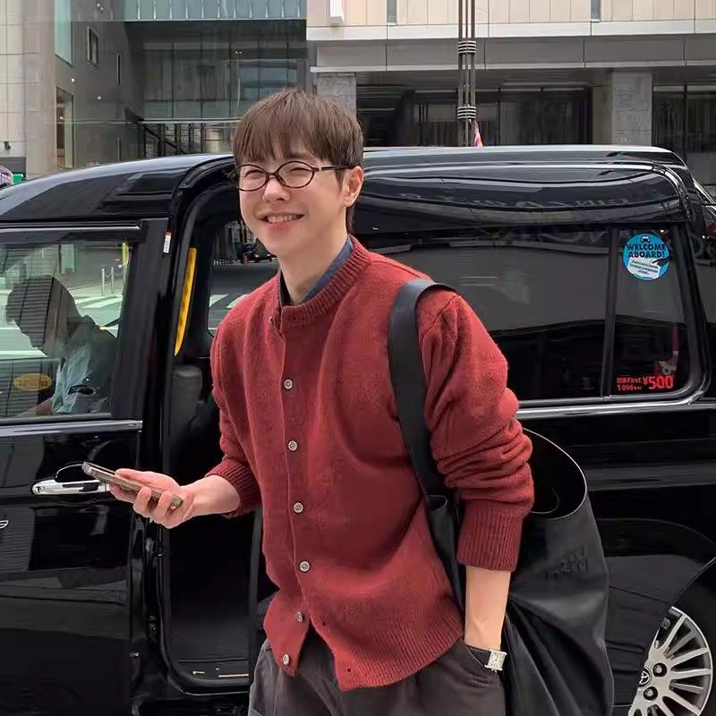 本命年安哥拉红色毛衣开衫男士新年战袍圆领毛衫高级感针织衫外套