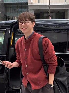 本命年安哥拉红色毛衣开衫男士新年战袍圆领毛衫高级感针织衫外套