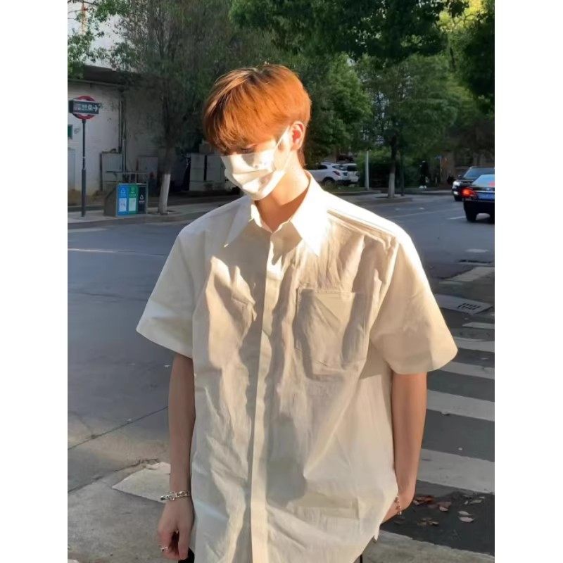 少年感白色冰丝短袖衬衫男夏季