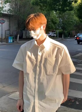 少年感白色冰丝短袖衬衫男夏季cityboy宽松高级感痞帅dk半袖衬衣