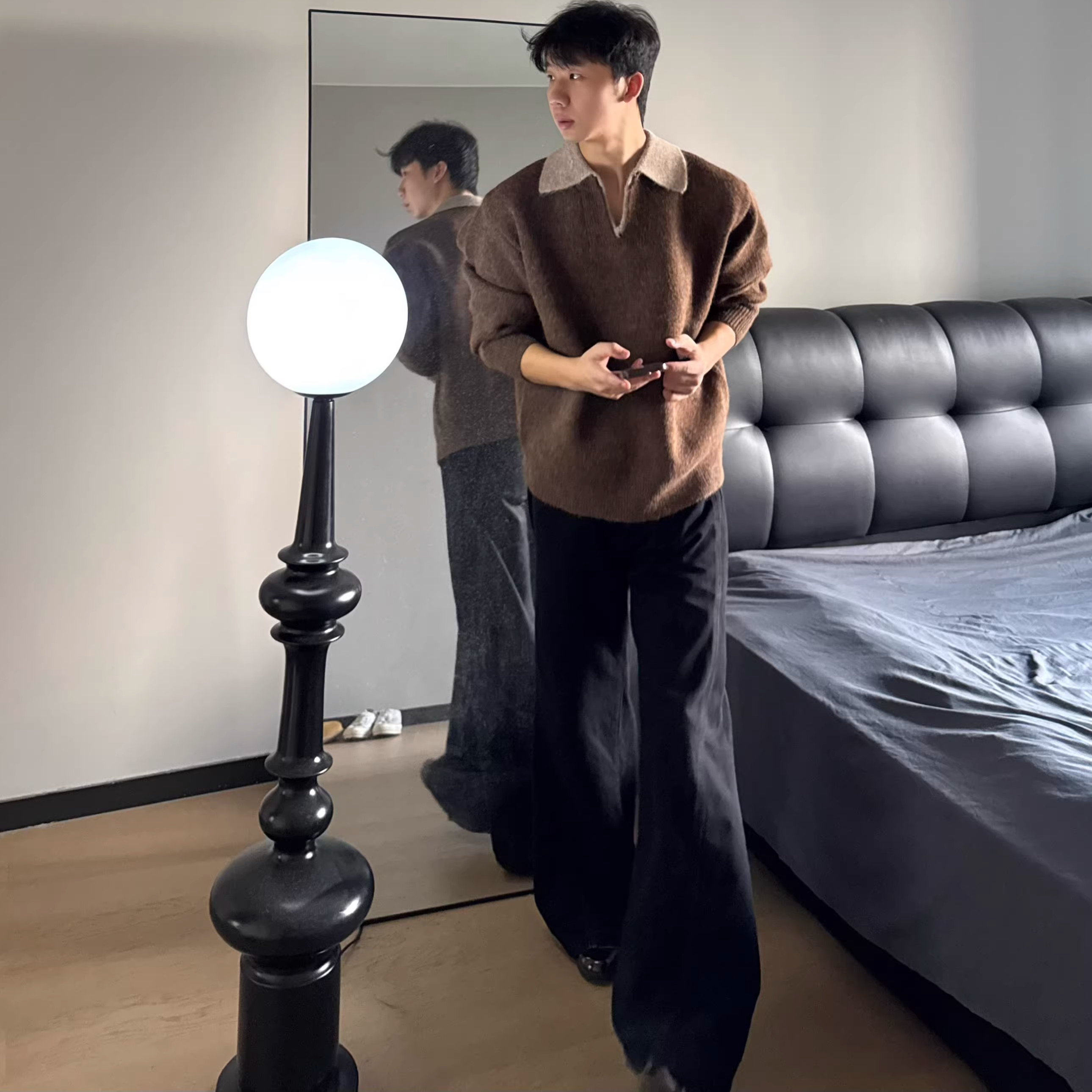 老钱风海鸥领格雷系毛衣男秋冬ins高级感韩版加厚假两件V领针织衫