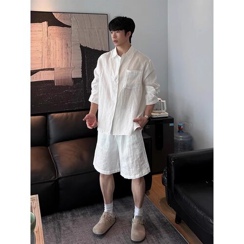 老钱风亚麻衬衫短裤套装男夏季薄款慵懒松弛感棉麻衬衣防晒薄外套