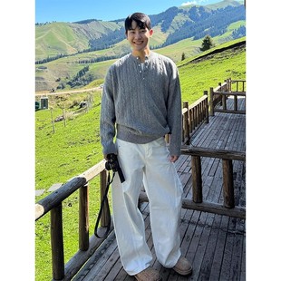 高级感麻花亨利领毛衣男秋冬季韩版潮流慵懒风宽松针织衫上衣外套