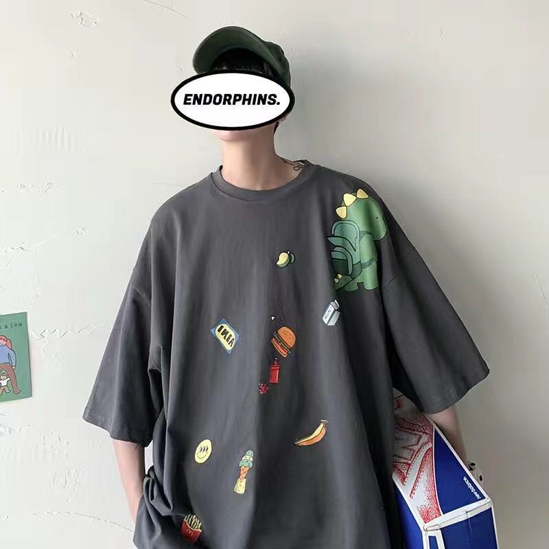 ins超火短袖t恤男卡通半袖宽松港风上衣夏季五分袖衣服男潮流体恤