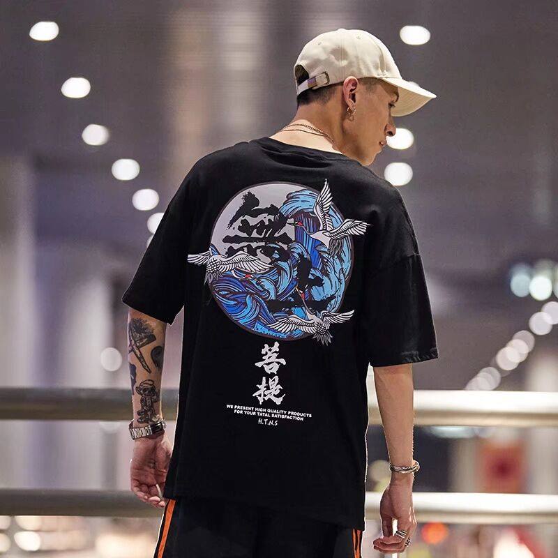 ins超火的国潮古风无上菩提仙鹤短袖T恤男潮牌复古半袖打底衫男女