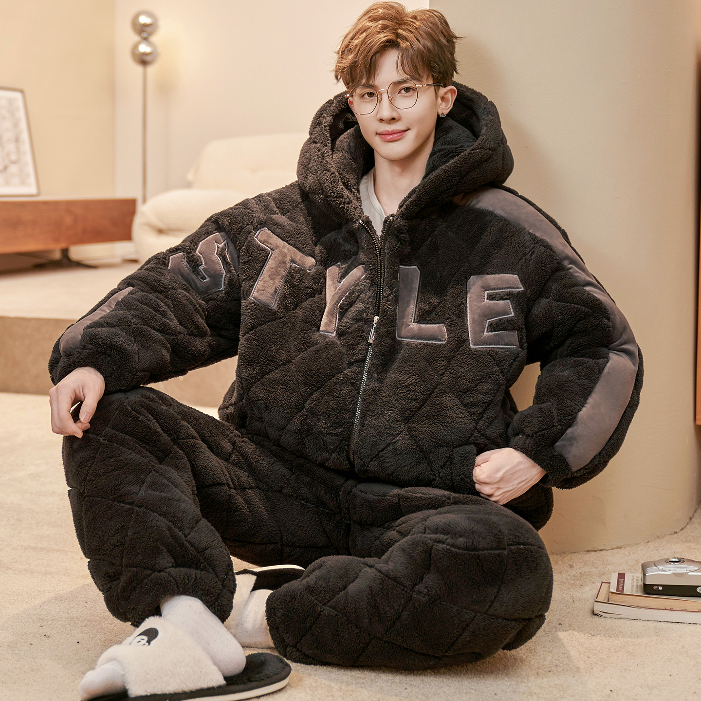 冬季男士睡衣珊瑚绒夹棉睡衣套装