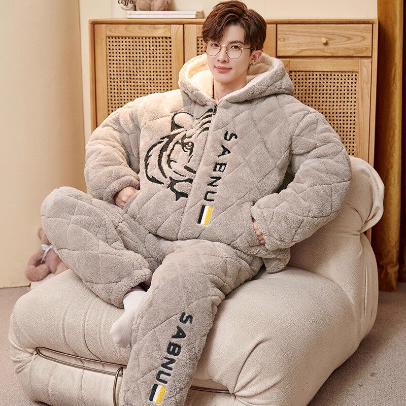 冬季睡衣男款珊瑚绒三层夹棉袄加厚加绒御寒保暖法兰绒冬款家居服