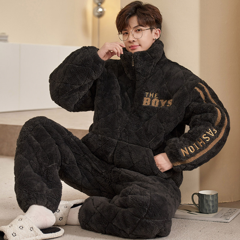 珊瑚绒男士睡衣冬季三层夹棉袄加绒加厚青少年冬天法兰绒睡衣冬款