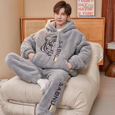 秋冬季男士睡衣珊瑚绒加厚加绒