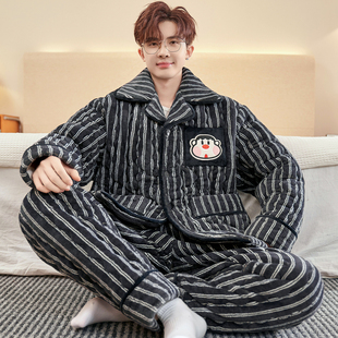 三层夹棉加厚男翻领青少年保暖家居服套装秋冬季卡通男士加绒睡衣