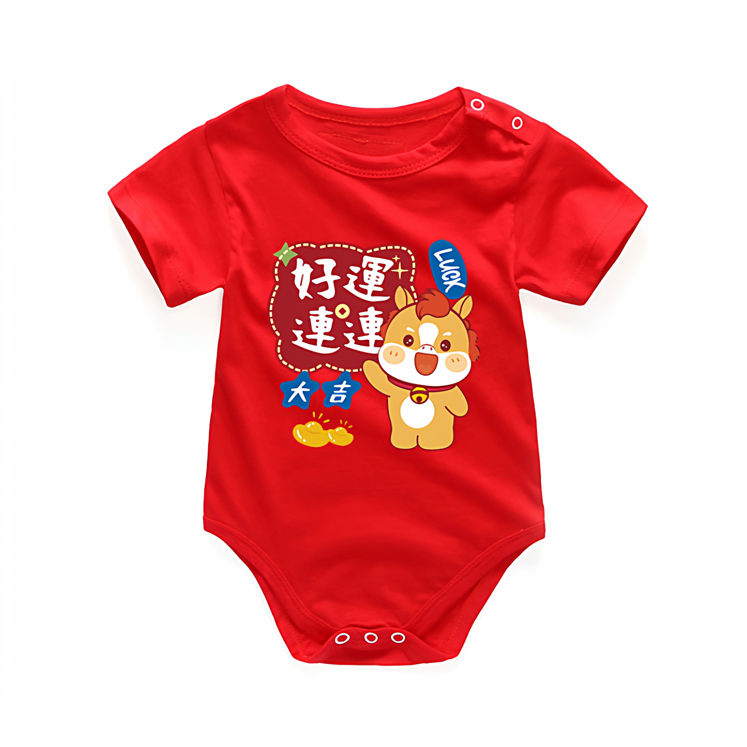 2026马年新年宝宝哈衣纯棉婴儿连体衣红色短袖三角爬服包屁衣夏季