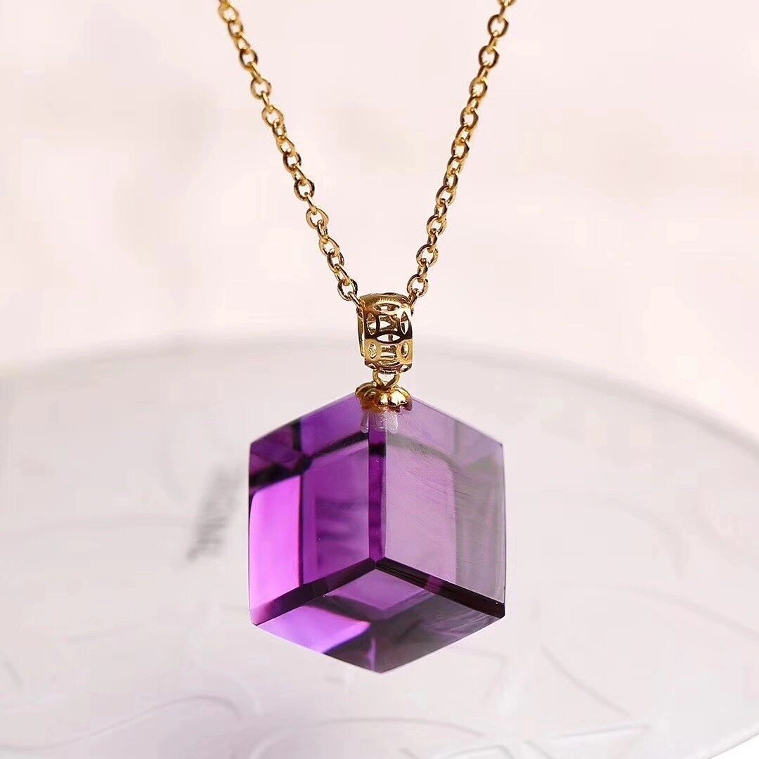 天然巴西紫水晶方糖吊坠925纯银镀金方块项链女紫晶锁骨链送女友