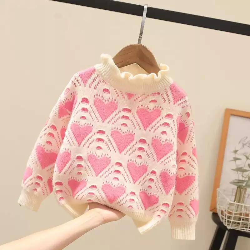 女童童装毛衣秋冬装花边加绒针织衫洋气儿童爱心打底毛线上衣秋装